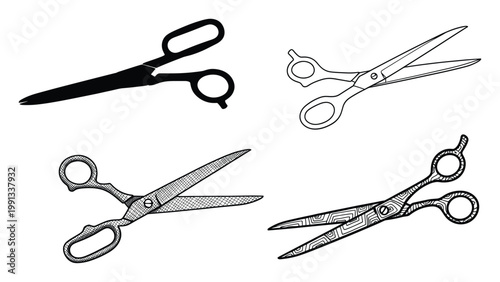 Collection of handdrawn scissor graphics for various crafts, cutting tasks, sewing projects, and hairdressing applications