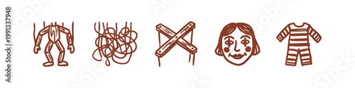 Circus and Puppet Hand-Drawn Icon Set with Clown and Marionette
