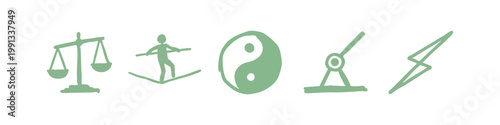 Balance and Harmony Hand-Drawn Icon Set with Scales, Yin Yang, and Tightrope Walker