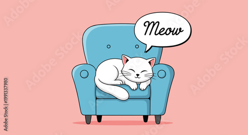 Relaxed white cat sleeping soundly on a comfy blue armchair with a speech bubble saying Meow on a soft pink background.