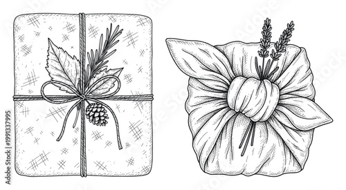 Elegant line art gifts wrapped with botanical elements ideal for festive season packaging and graphic assets.