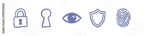 Collection of hand drawn security and privacy icons featuring padlock, shield, and fingerprint scan