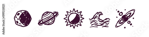 Collection of hand drawn celestial and natural icons including planets, sun, and ocean waves