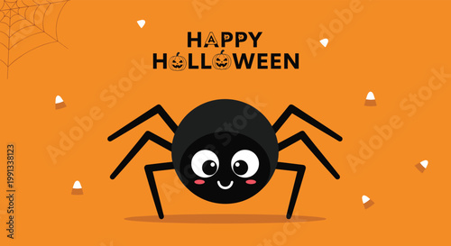 Cute black spider with a friendly face and blushing cheeks centered on an orange Halloween background with scattered candy corn.