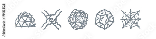 Set of hand drawn abstract and geometric icons featuring geodesic dome, crystal, and spider web