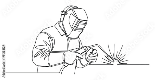 Professional industrial worker welding metal with protective equipment one line drawing style for manufacturing and construction industry applications