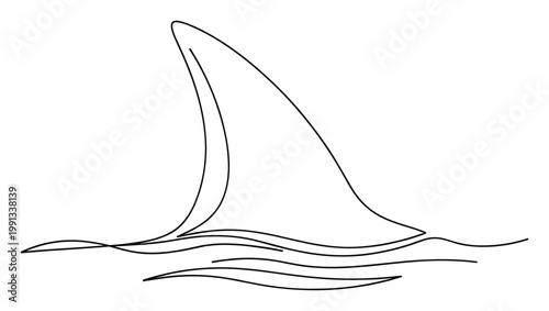 Striking minimalist line drawing of a shark fin emerging from ocean waves for marine life or danger related projects.