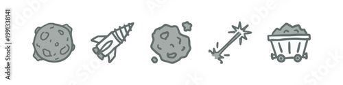 Set of hand drawn space exploration and asteroid mining icons in a simple doodle style