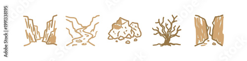 Hand drawn desert and canyon landscape icons featuring cliffs, rock formations, and a dead tree