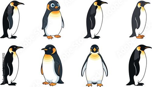 Cute Penguin Set in Various Poses for Vector Illustrations on White Background