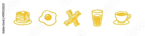 Yellow Hand Drawn Breakfast Food Icons with Pancakes Egg Bacon Juice and Coffee