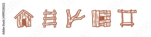 Brown Hand Drawn Rustic Wood Object Icons with Shed Ladder Branch and Swing