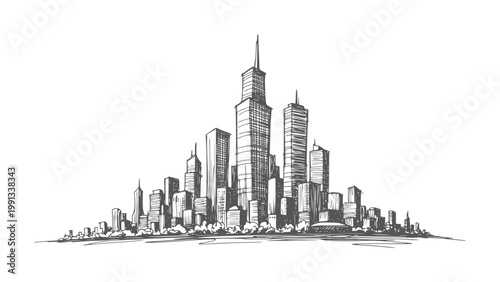 Hand drawn of a dense city skyline with tall skyscrapers urban architecture buildings
