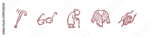 Set of Hand Drawn Elderly Care and Aging Icons in Pink Doodle Style