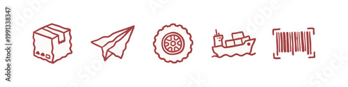 Set of Hand Drawn Logistics and Transportation Icons in Red Doodle Style