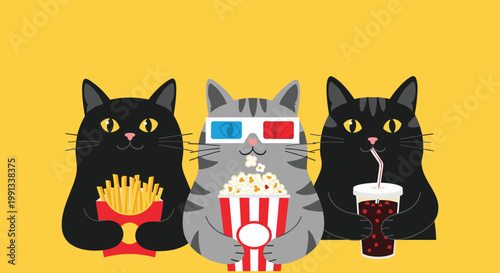 Three cats, two black and one gray tabby, sitting in a movie theater eating popcorn and fries while drinking a cold soda.
