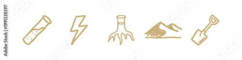 Set of Hand Drawn Earth Science and Tool Icons in Tan Doodle Style