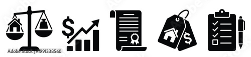 Real estate property valuation growth contract pricing checklist icons for business finance and legal applications