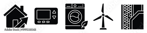 Sustainable smart home technology and energy saving solutions icons for modern ecofriendly living and building improvements
