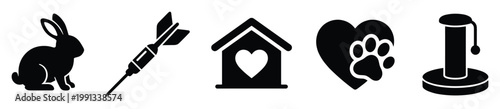 Rabbit, dart, pet house, heart paw print, scratching post silhouettes for animal and game projects