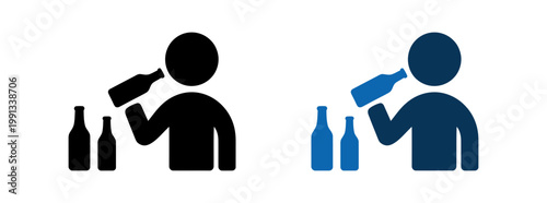 Person drinking from a glass bottle icon set