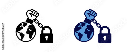 Global lockdown concept icon with human fist holding earth globe and padlock