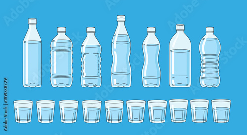 Row of various water bottles and matching glasses filled with fresh water on a solid blue background, perfect for hydration and health themes.