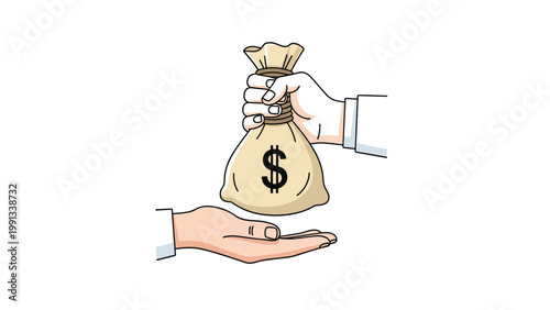 Illustration of one hand passing a sack of money with a dollar sign to another hand representing a transaction or payment process.