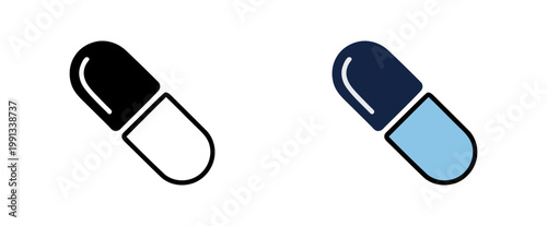 Medical capsule pill icon set in black outline and blue color flat design