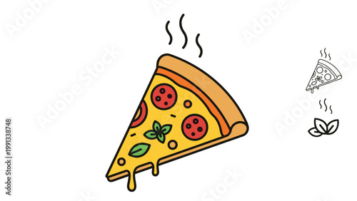 Delicious slice of pepperoni pizza with melting cheese and fresh basil leaves shown in a colorful hand drawn cartoon style on white background.