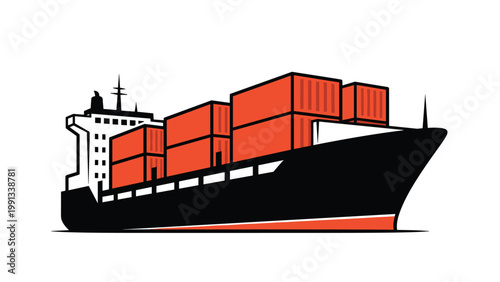 Large cargo container ship sailing on a white background depicted in a bold graphic style for maritime transport and global logistics concepts.