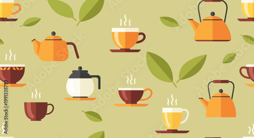 Tea time background pattern featuring various tea kettles and cups for packaging and textile design