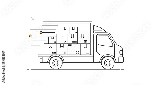 Fast delivery truck loaded with cardboard boxes moving quickly with speed lines on a clean white background in line art style.