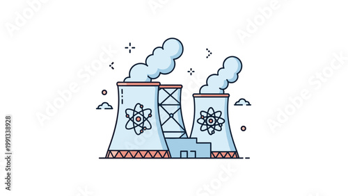 Cartoon illustration of a nuclear power plant with smoking cooling towers and atom symbols representing clean energy production.