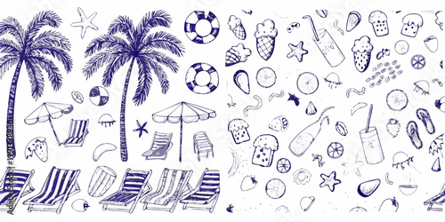 Hand drawn summer doodles featuring beach elements and tropical vacation items