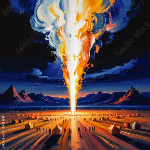 Dramatic biblical illustration of a glowing pillar of fire rising from a desert encampment at night with starry sky and bright smoke