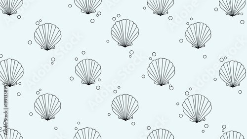 Light blue seamless pattern featuring hand drawn seashells and small bubbles creating a refreshing underwater and oceanic atmosphere.