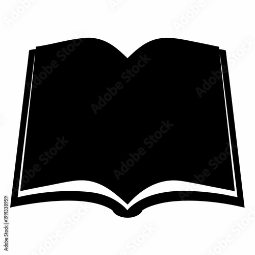 Black silhouette of an open book against a stark white background design