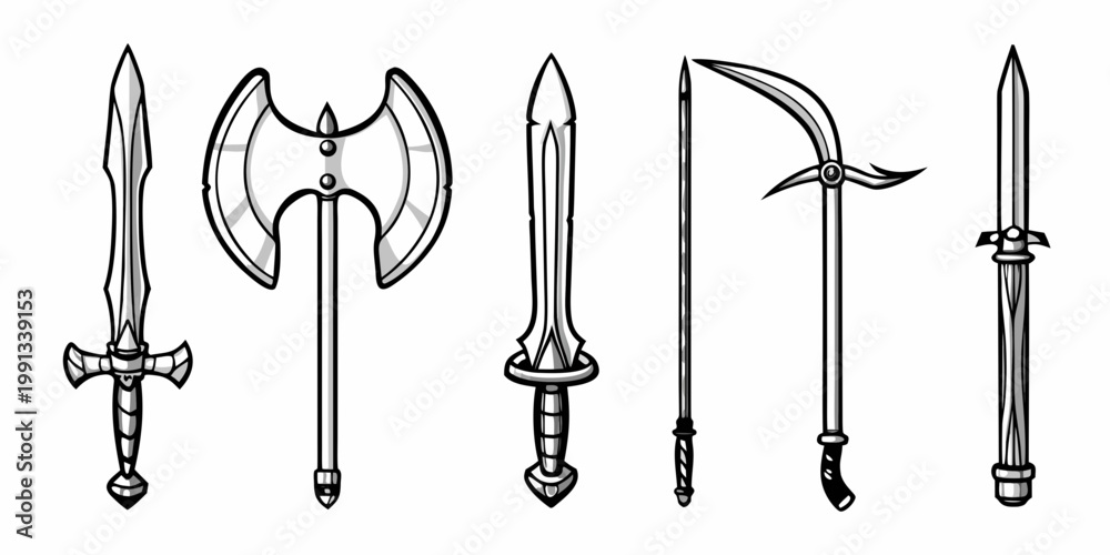 Ταπετσαρία A collection of vintage weapons including swords axes and a scythe