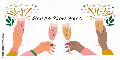 A festive illustration of hands toasting with champagne for new year