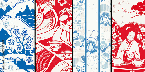 Japanese inspired patterns and imagery arranged in a vertical repeating composition