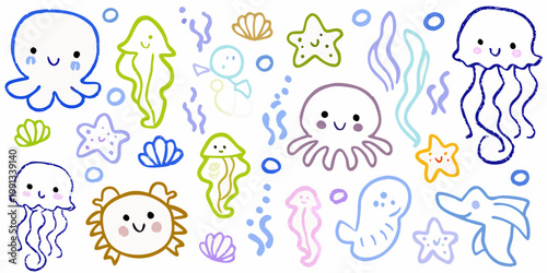 Colorful doodle illustration featuring various cute sea creatures and marine life
