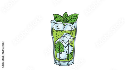 Refreshing mojito cocktail glass filled with ice cubes and fresh mint leaves shown in a detailed hand drawn illustration style.