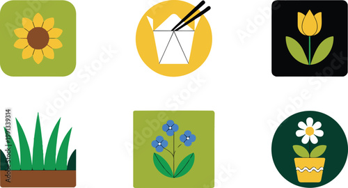 Minimal flat icon grid with sunflower tulip flowers grass and takeout box modern colorful vector design on white background