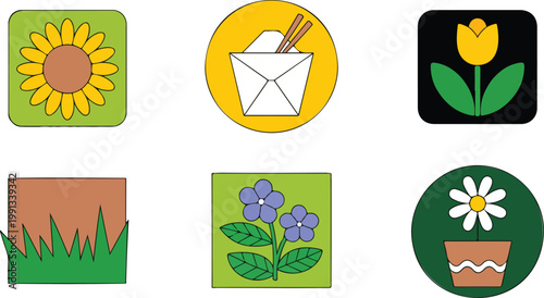 Minimal flat icon grid with sunflower tulip flowers grass and takeout box modern colorful vector design on white background