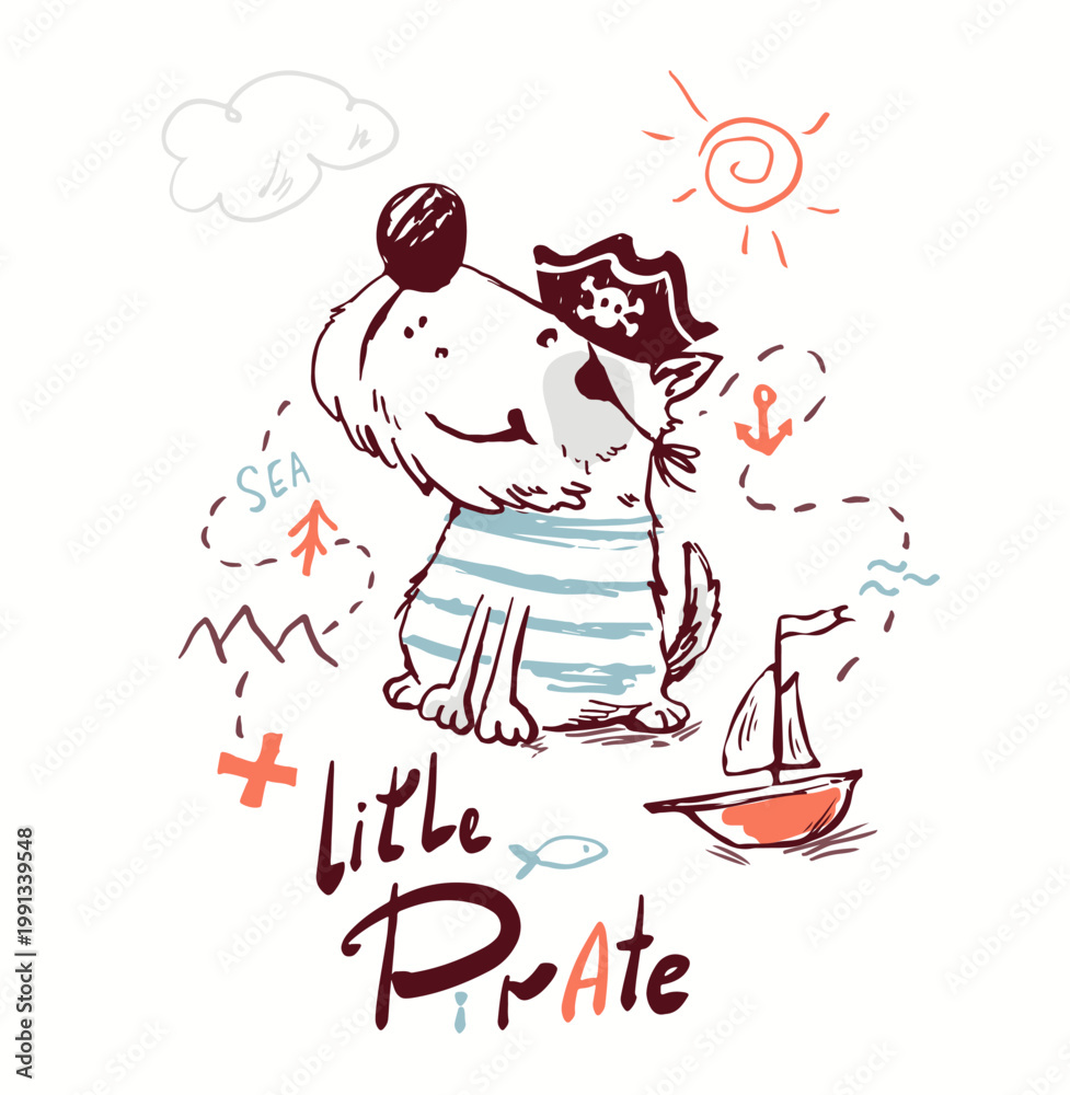 Fototapeta premium Cute dog pirate with ship and treasure map