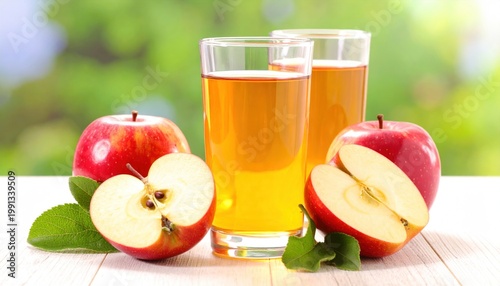Freshly Squeezed Apple Juice with Ripe Apples on a Table.