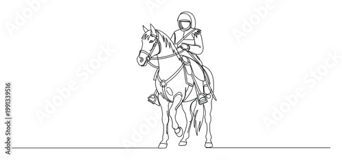 Minimalist continuous line drawing depicting a horse and equestrian rider wearing a helmet for sports event promotions and graphic design.