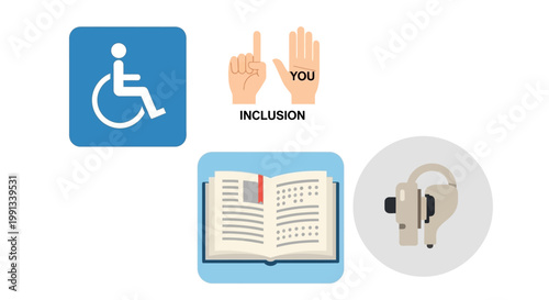 Set of icons representing accessibility inclusion education and professional equipment.