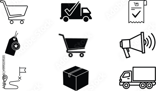 E commerce and delivery icons shopping cart truck package and logistics silhouette set